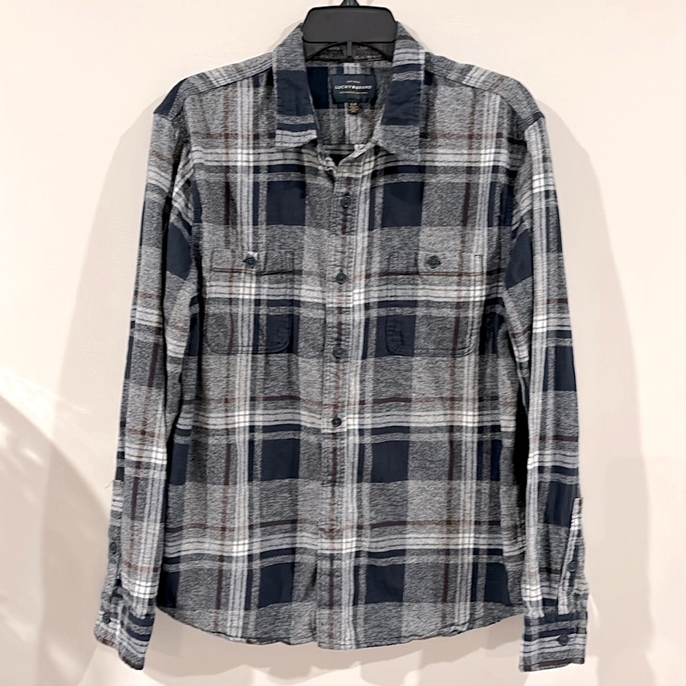 Lucky brand 100%Cotton Navy white Gray Button Down Size Large Shirt